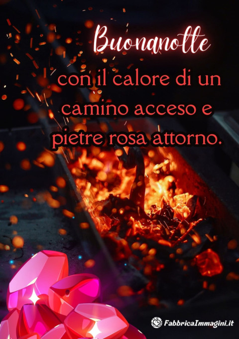 Buonanotte, con il calore di un camino acceso e pietre rosa attorno